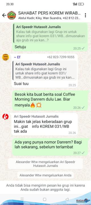 Admin Grup WA SAHABAT PERS KOREM 031/WB Riau, Kembali Bikin Ulah dengan Mengeluarkan Sejumlah Jurnalis